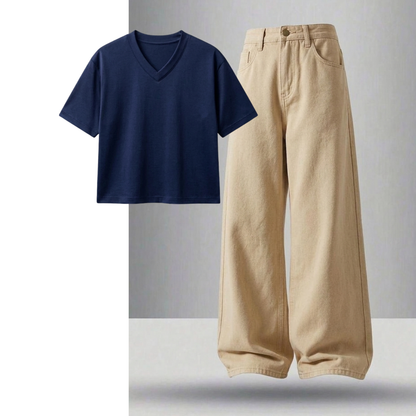 Beige Wide-Leg Baggy Jeans With Crop V-Neck T-Shirt