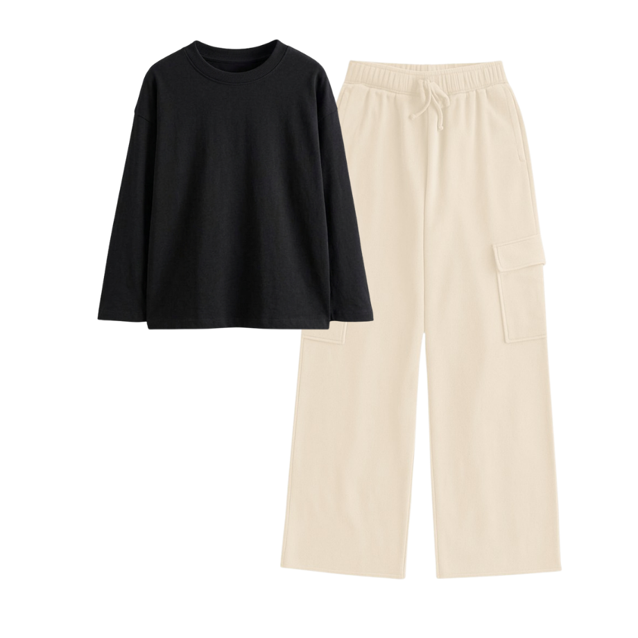 Cream Wide-Leg Cargo With Full Sleeves T-Shirt
