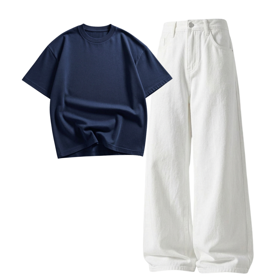 White Wide-Leg Baggy Jeans With Oversized Drop Shoulder T-Shirt