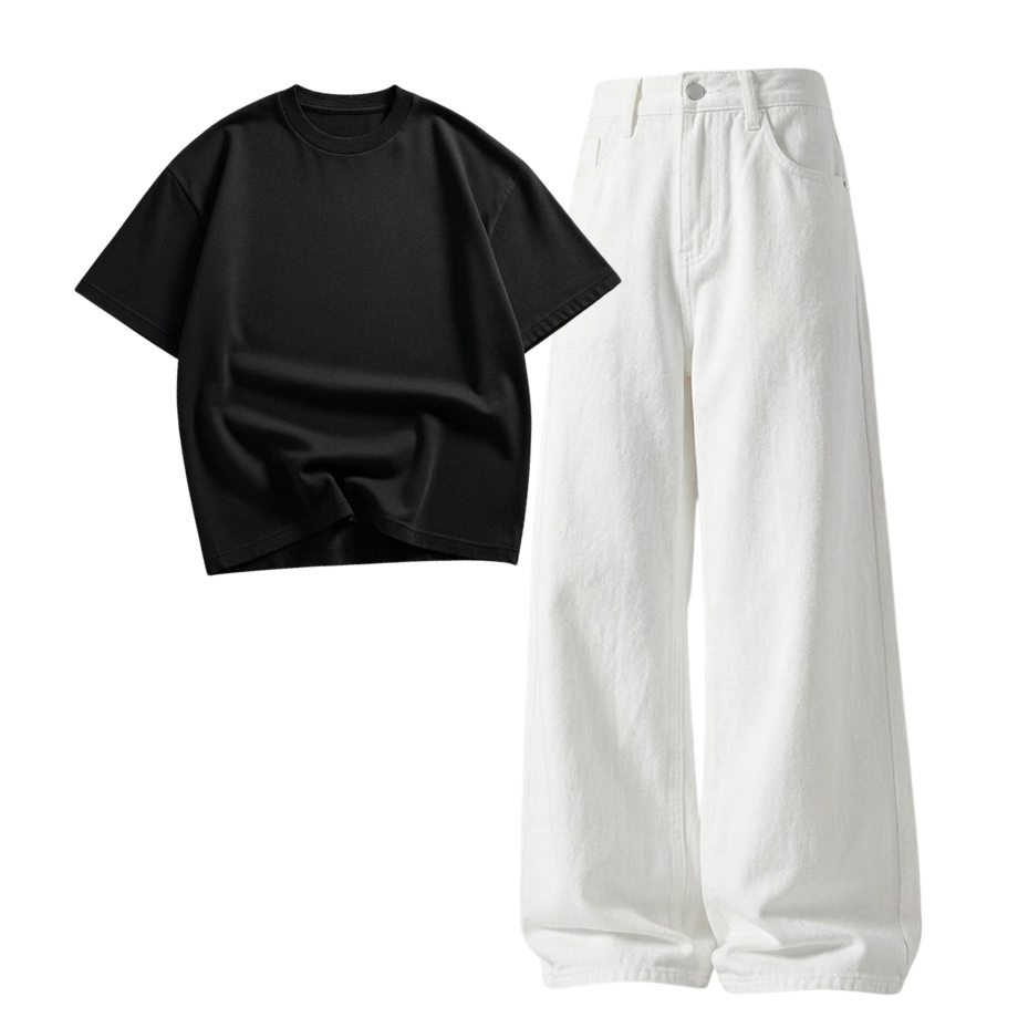 White Wide-Leg Baggy Jeans With Oversized Drop Shoulder T-Shirt