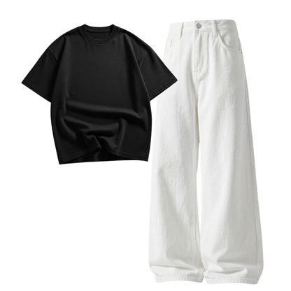 White Wide-Leg Baggy Jeans With Oversized Drop Shoulder T-Shirt