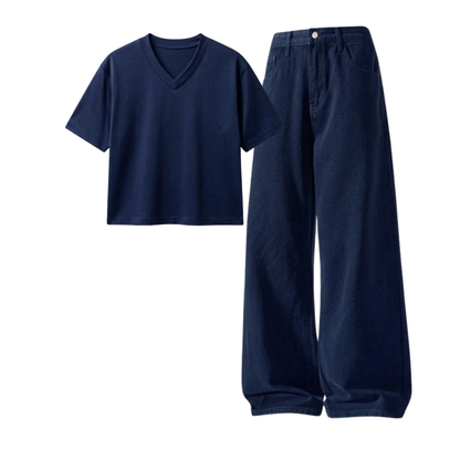 Darkblue Wide-Leg Baggy Jeans With Crop V-Neck T-Shirt