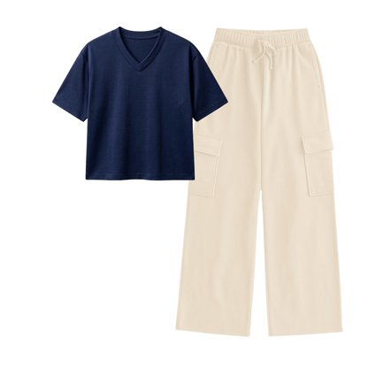 Cream Wide-Leg Cargo With Crop V-Neck T-Shirt