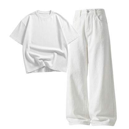 White Wide-Leg Baggy Jeans With Oversized Drop Shoulder T-Shirt