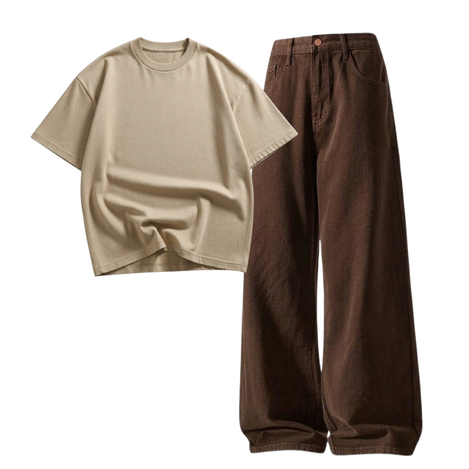 Brown Wide-Leg Baggy Jeans With Oversized Drop Shoulder T-Shirt