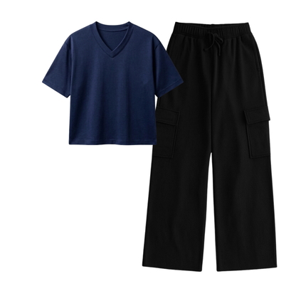 Black Wide-Leg Cargo With Crop V-Neck T-Shirt