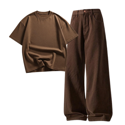 Brown Wide-Leg Baggy Jeans With Oversized Drop Shoulder T-Shirt
