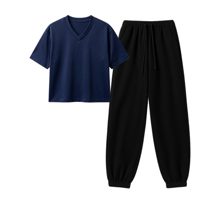 Black Sweatpant With Crop V-Neck T-Shirt