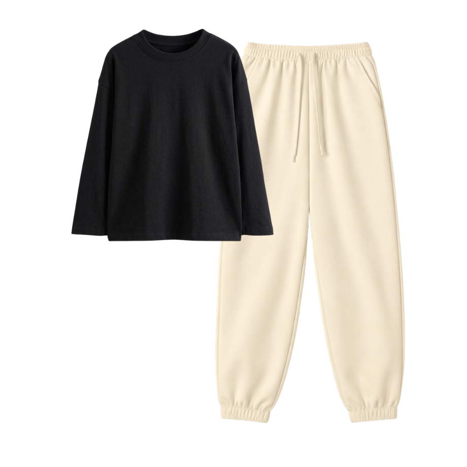 Cream Sweatpant With Full Sleeves T-Shirt