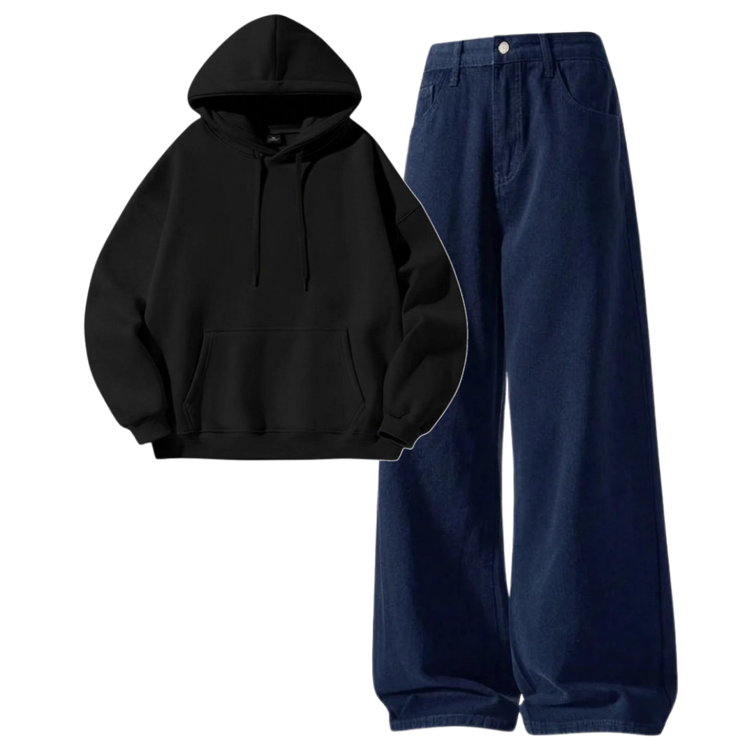 Navyblue Baggy Jeans With Hoodie