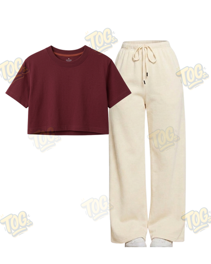 Beige Wide-Leg Trouser With Crop T-Shirts