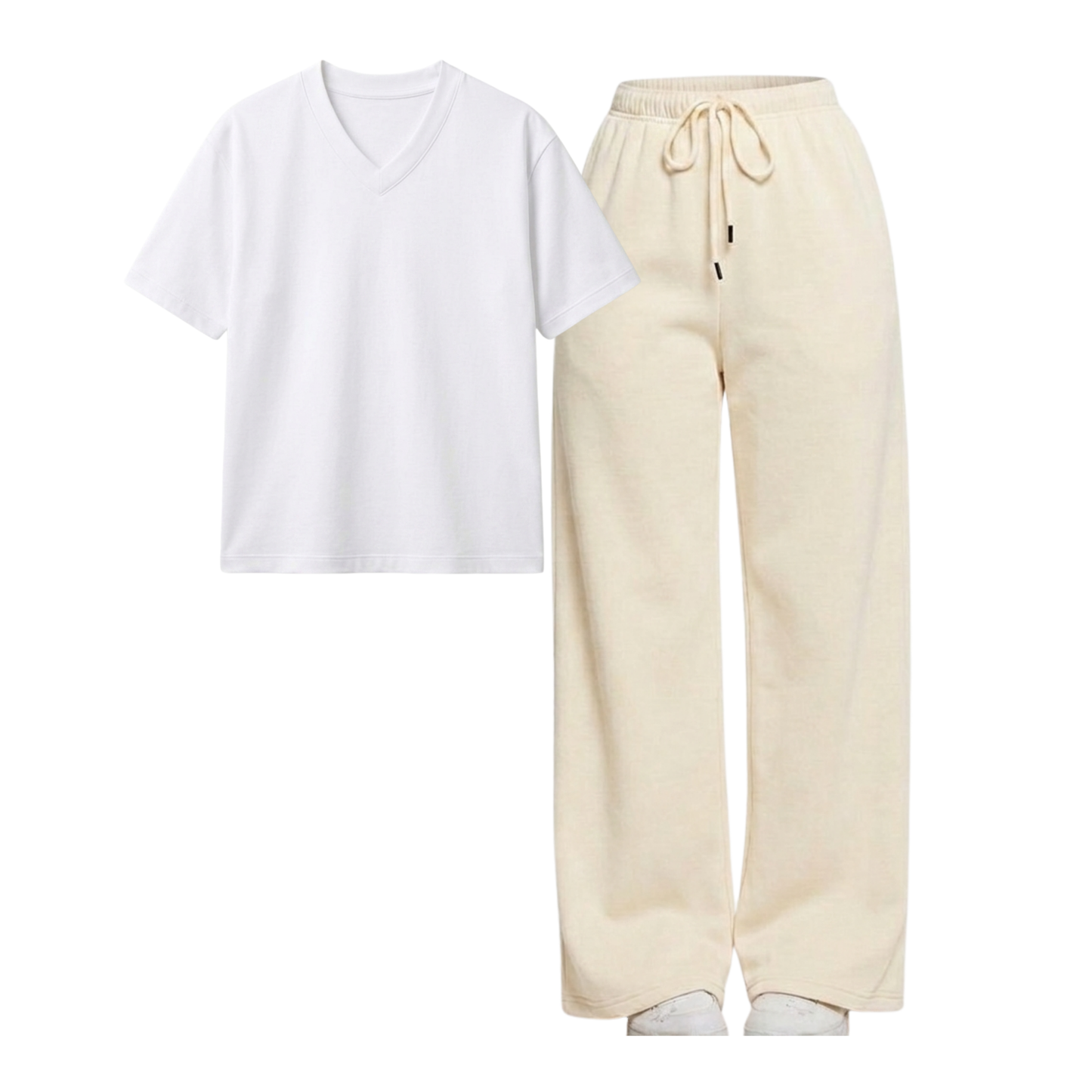 Beige Wide-Leg Trouser With V-Neck T-Shirt