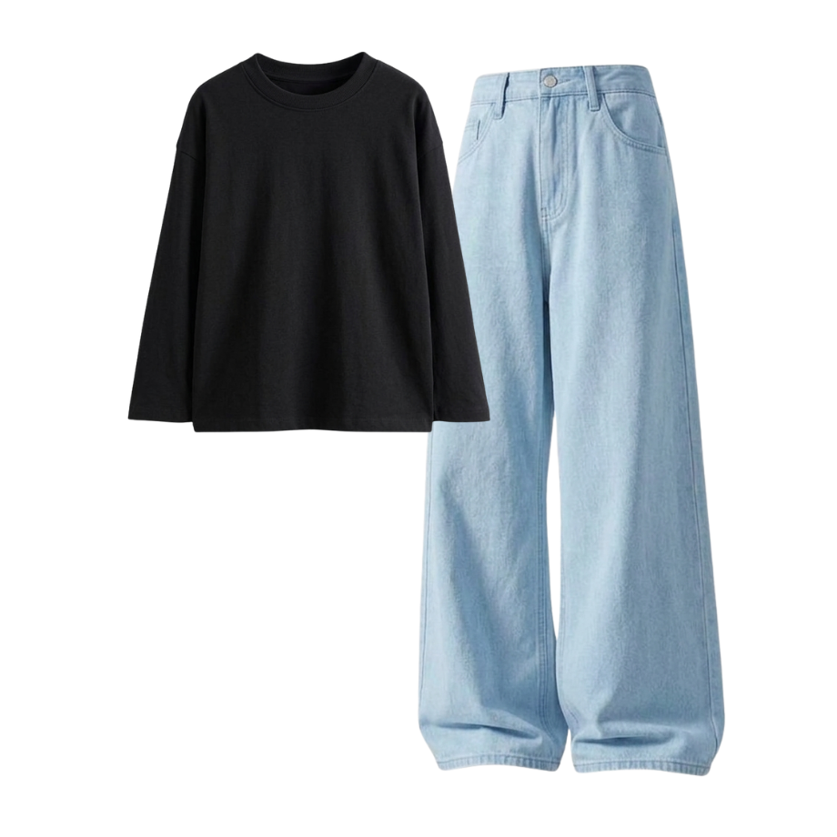 Iceblue Wide-Leg Baggy Jeans With Full Sleeves T-Shirt
