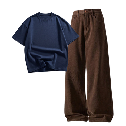 Brown Wide-Leg Baggy Jeans With Oversized Drop Shoulder T-Shirt