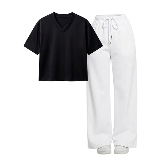 White Wide-Leg Trouser With Crop V-Neck T-Shirt