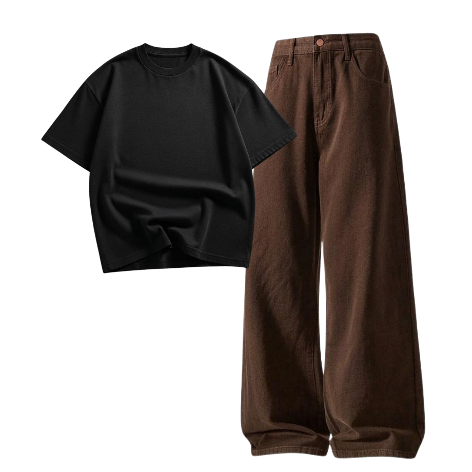 Brown Wide-Leg Baggy Jeans With Oversized Drop Shoulder T-Shirt