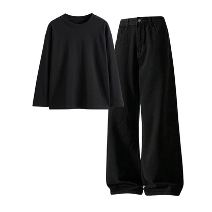 Black Wide-Leg Baggy Jeans With Full Sleeves T-Shirt