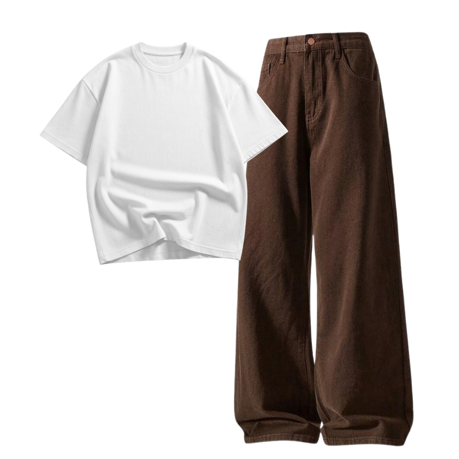 Brown Wide-Leg Baggy Jeans With Oversized Drop Shoulder T-Shirt