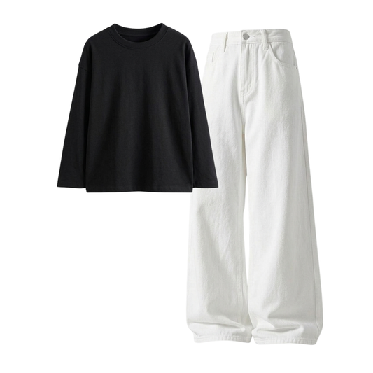 White Wide-Leg Baggy Jeans With Full Sleeves T-Shirt