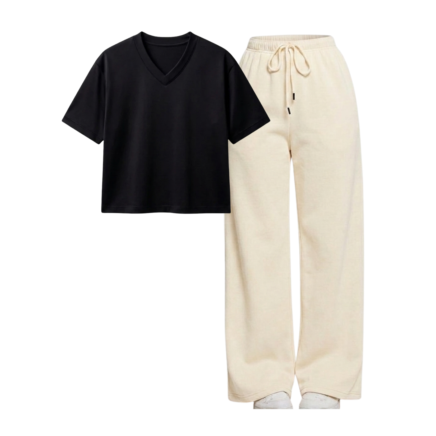 Beige Wide-Leg Trouser With Crop V-Neck T-Shirt