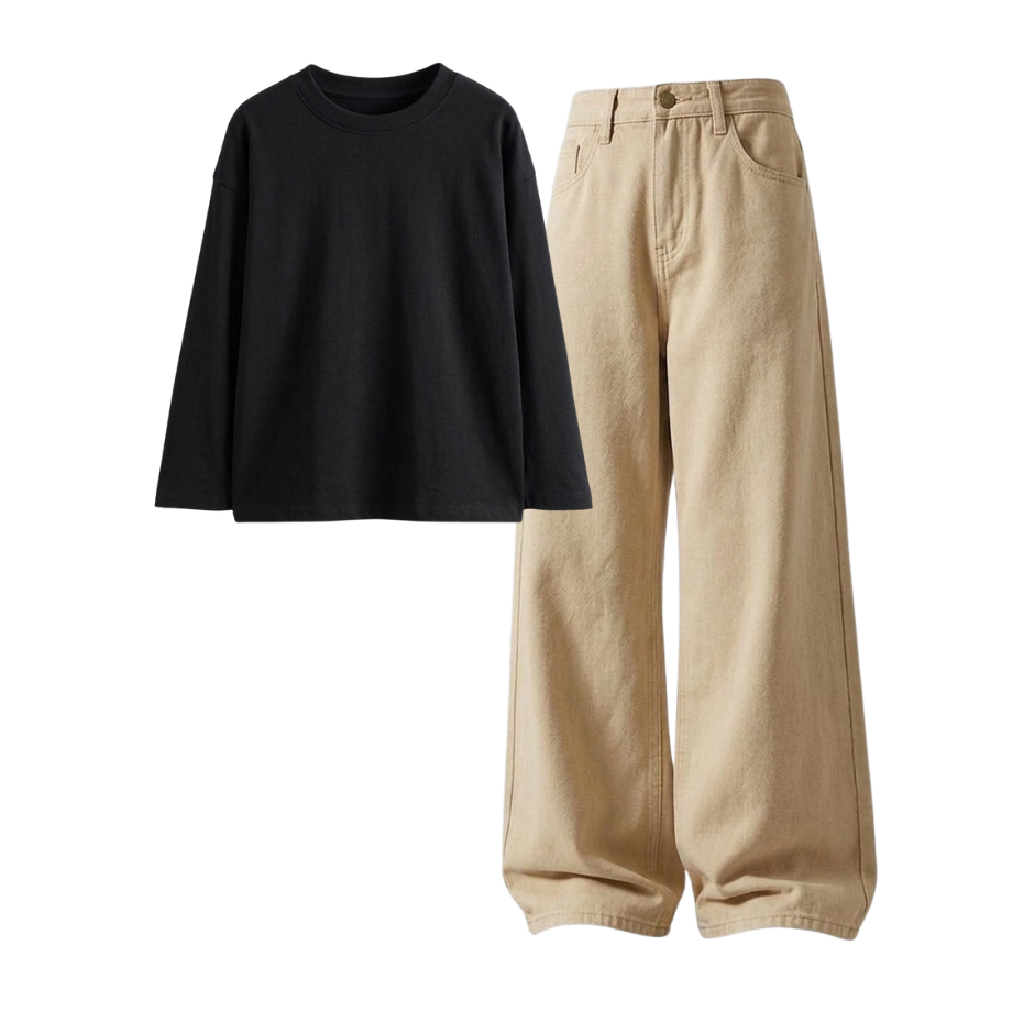 Beige Wide-Leg Baggy Jeans With Full Sleeves T-Shirt