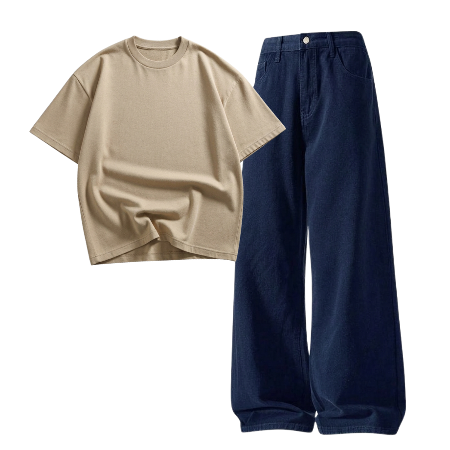 Darkblue Wide-Leg Baggy Jeans With Oversized Drop Shoulder T-Shirt