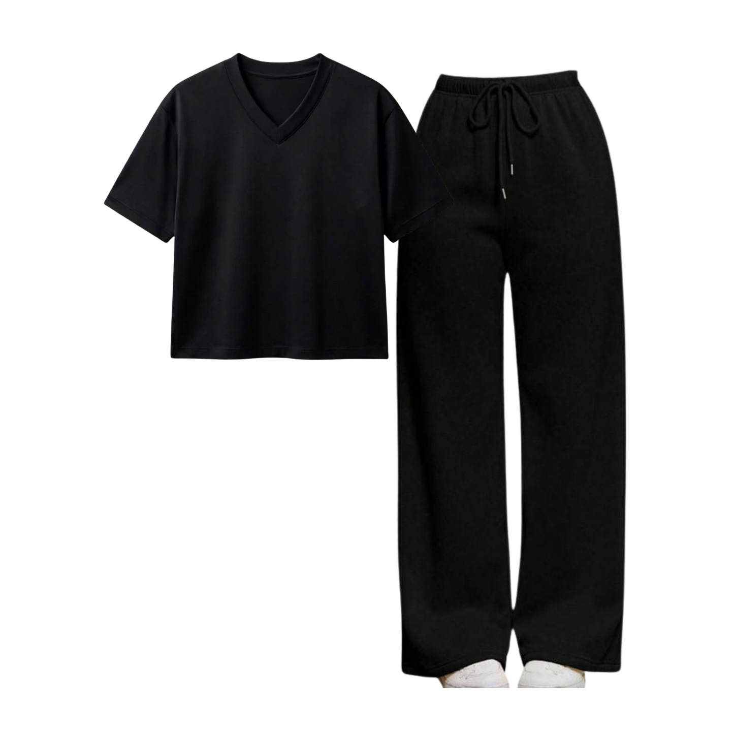 Black Wide-Leg Trouser With Crop V-Neck T-Shirt