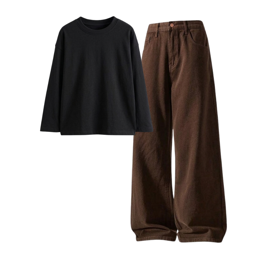 Brown Wide-Leg Baggy Jeans With Full Sleeves T-Shirt