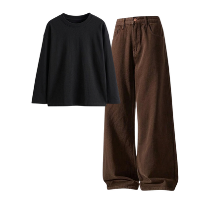 Brown Wide-Leg Baggy Jeans With Full Sleeves T-Shirt