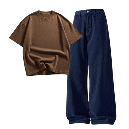Darkblue Wide-Leg Baggy Jeans With Oversized Drop Shoulder T-Shirt