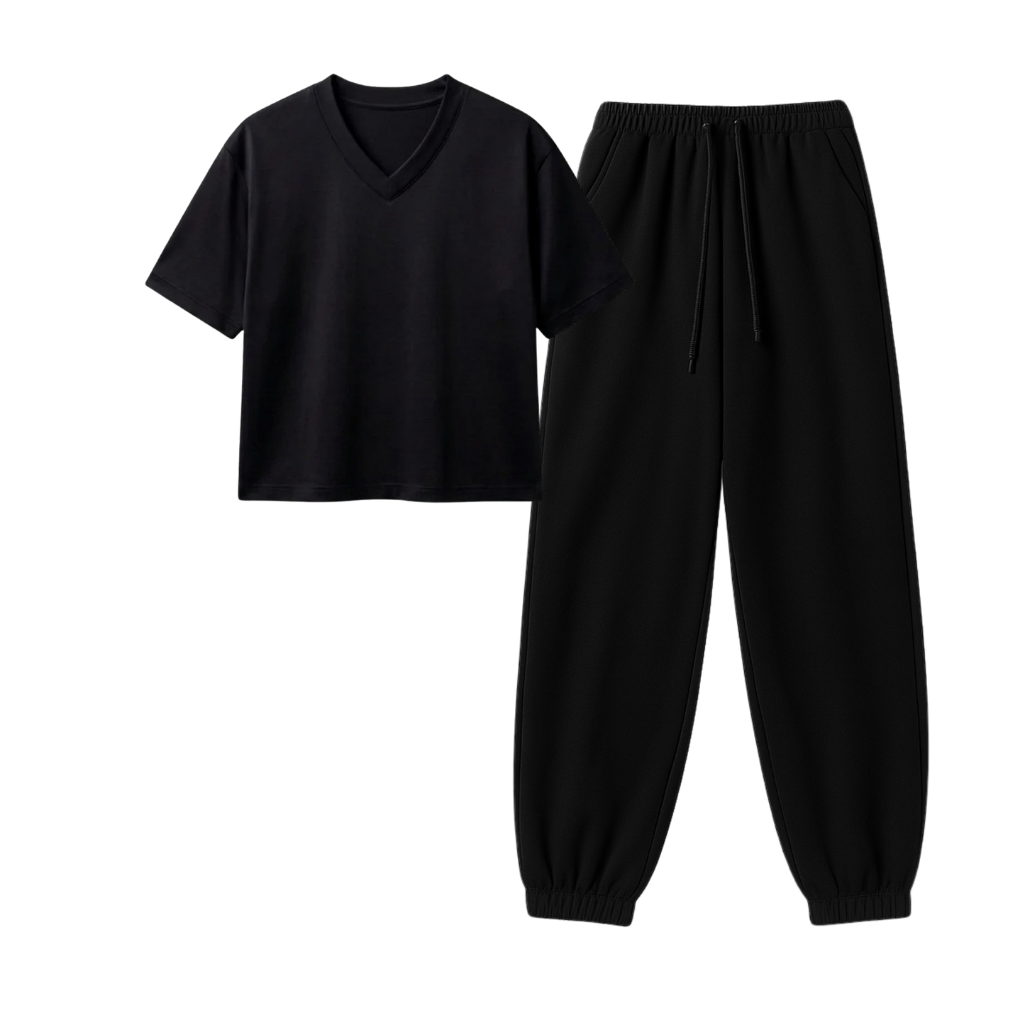 Black Sweatpant With Crop V-Neck T-Shirt