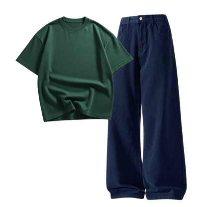 Darkblue Wide-Leg Baggy Jeans With Oversized Drop Shoulder T-Shirt