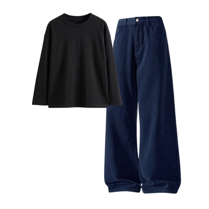 Darkblue Wide-Leg Baggy Jeans With Full Sleeves T-Shirt