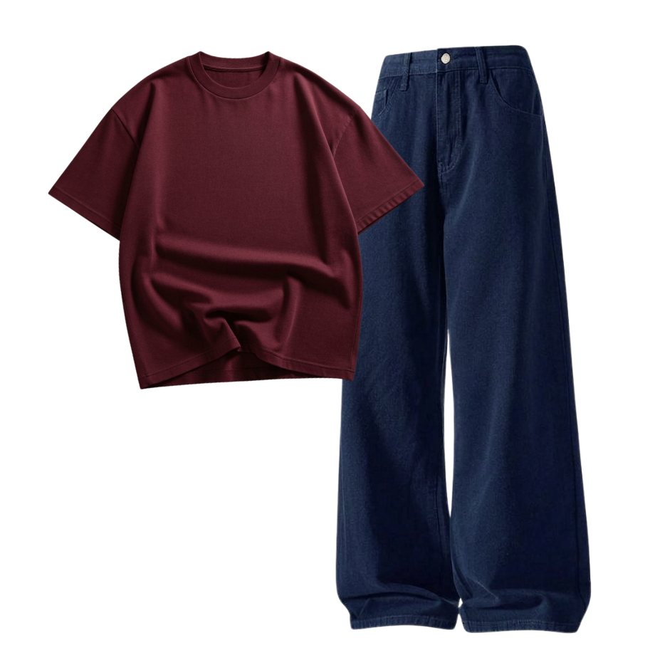 Darkblue Wide-Leg Baggy Jeans With Oversized Drop Shoulder T-Shirt