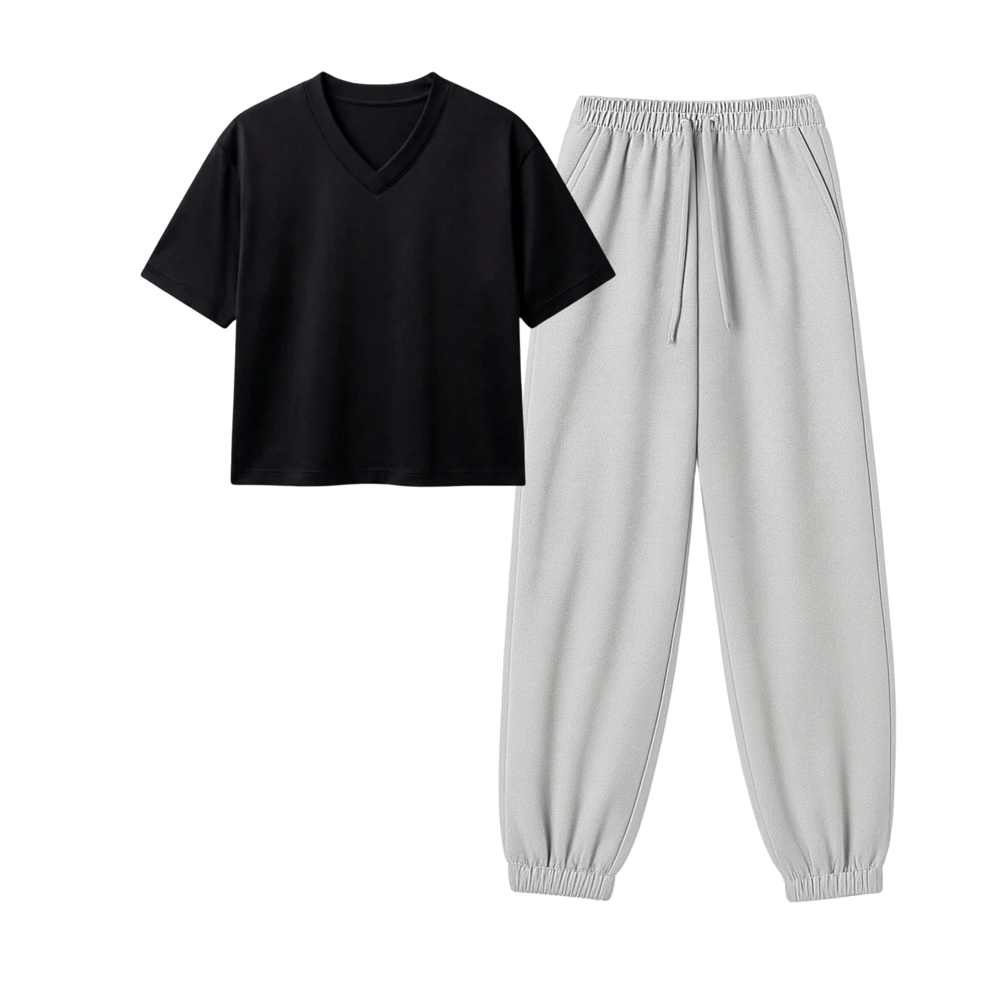 Lightgrey Sweatpant With Crop V-Neck T-Shirt