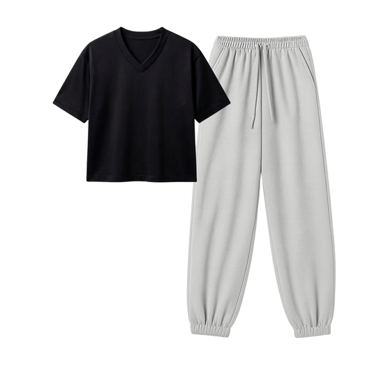 Lightgrey Sweatpant With Crop V-Neck T-Shirt
