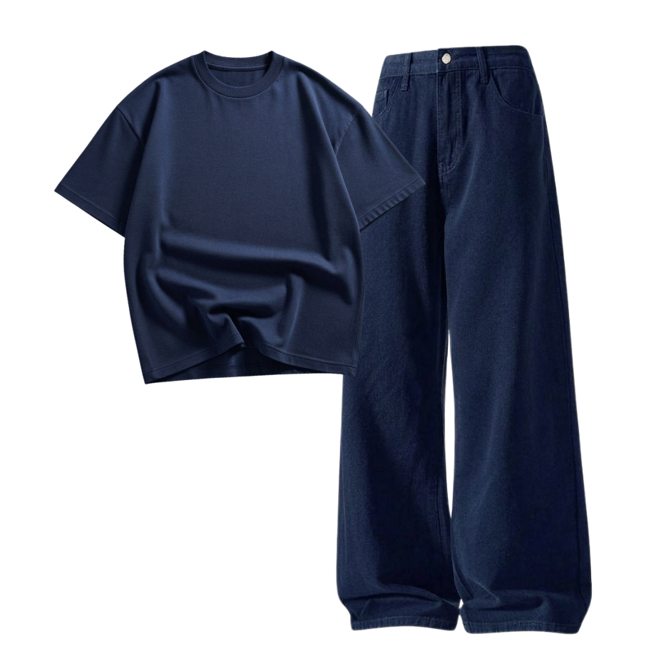 Darkblue Wide-Leg Baggy Jeans With Oversized Drop Shoulder T-Shirt