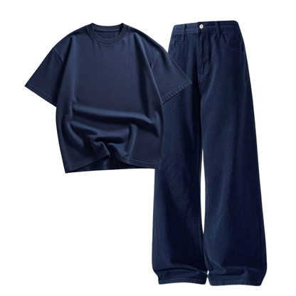 Darkblue Wide-Leg Baggy Jeans With Oversized Drop Shoulder T-Shirt