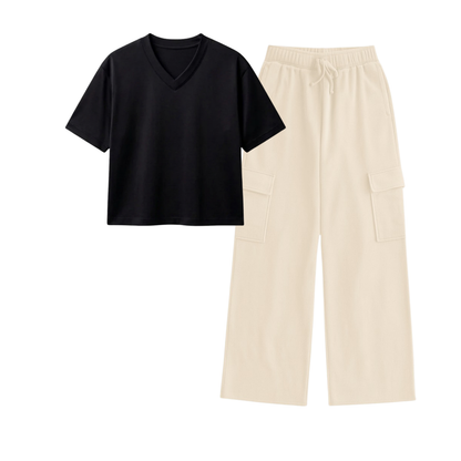 Cream Wide-Leg Cargo With Crop V-Neck T-Shirt