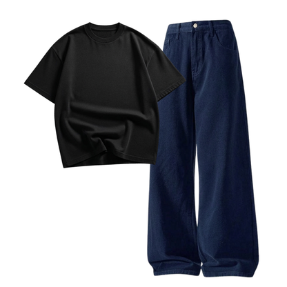 Darkblue Wide-Leg Baggy Jeans With Oversized Drop Shoulder T-Shirt