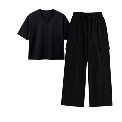 Black Wide-Leg Cargo With Crop V-Neck T-Shirt