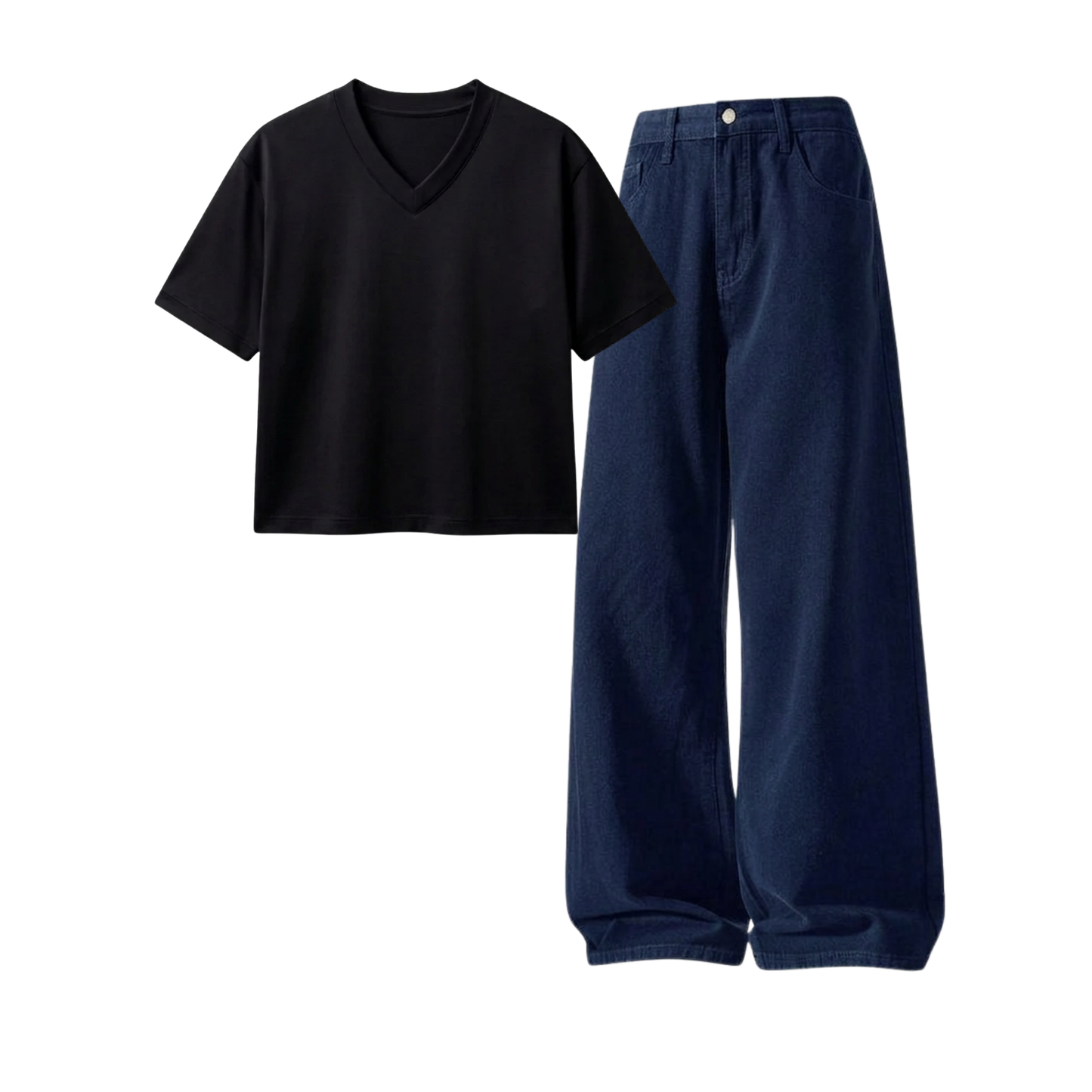 Darkblue Wide-Leg Baggy Jeans With Crop V-Neck T-Shirt