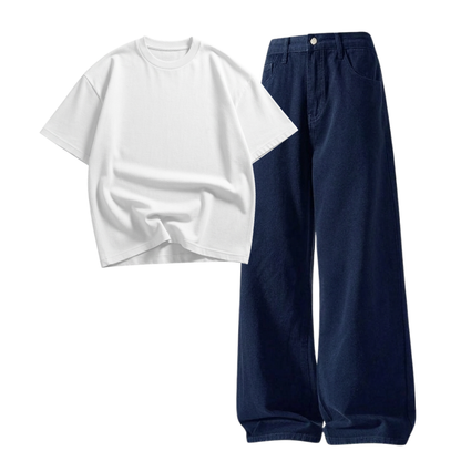 Darkblue Wide-Leg Baggy Jeans With Oversized Drop Shoulder T-Shirt