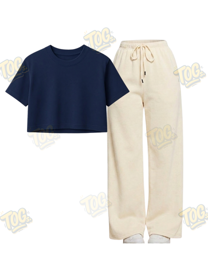 Beige Wide-Leg Trouser With Crop T-Shirts
