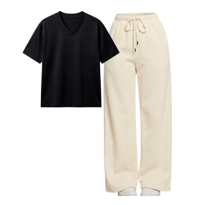 Beige Wide-Leg Trouser With V-Neck T-Shirt