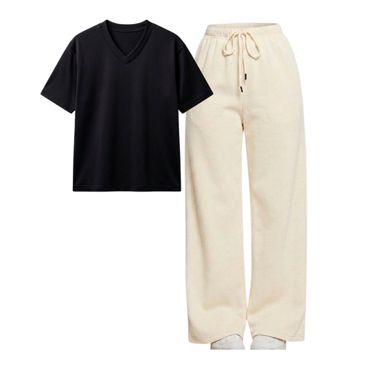 Beige Wide-Leg Trouser With V-Neck T-Shirt