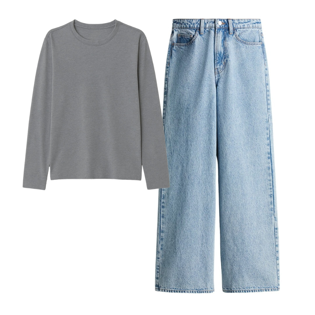 Steel Grey  Full Sleeves Tee With Ice Blue Jeans