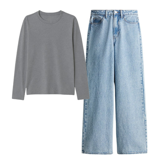 Steel Grey  Full Sleeves Tee With Ice Blue Jeans