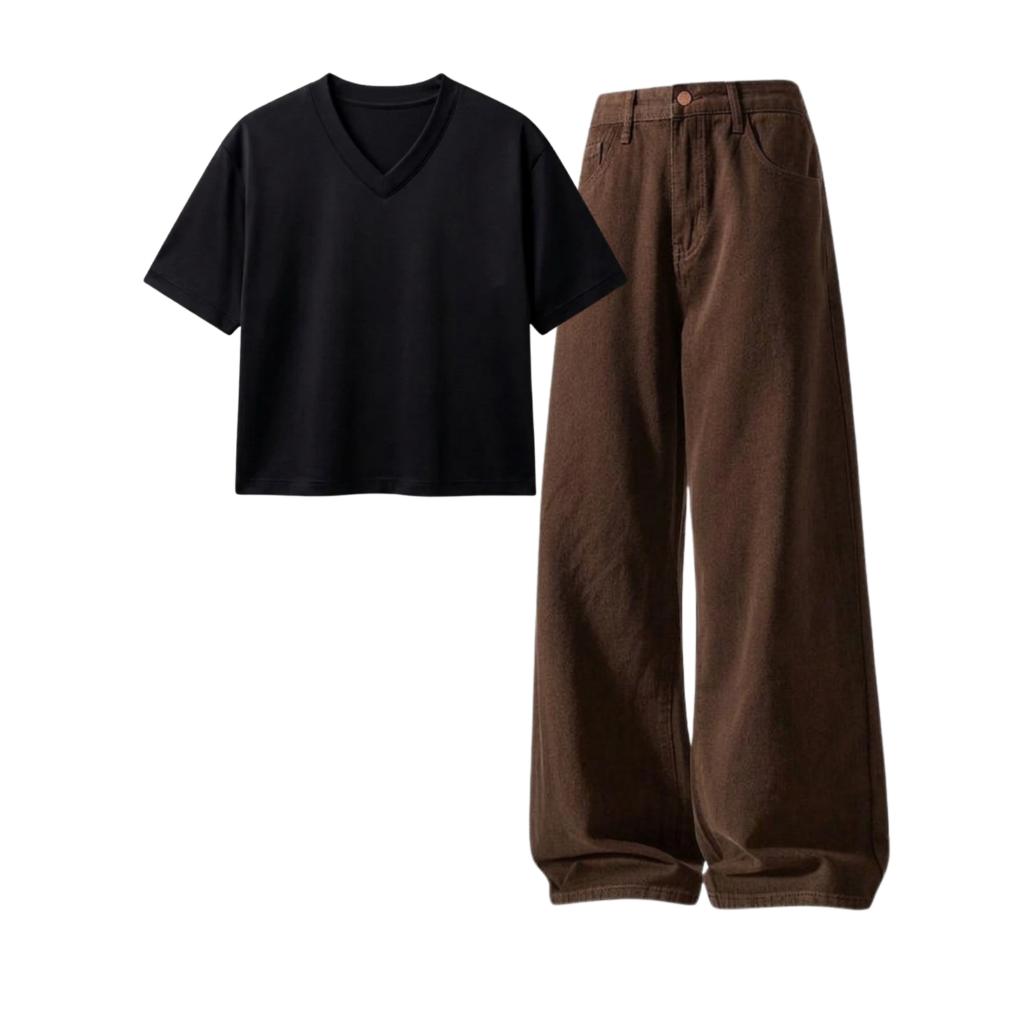 Brown Wide-Leg Baggy Jeans With Crop V-Neck T-Shirt