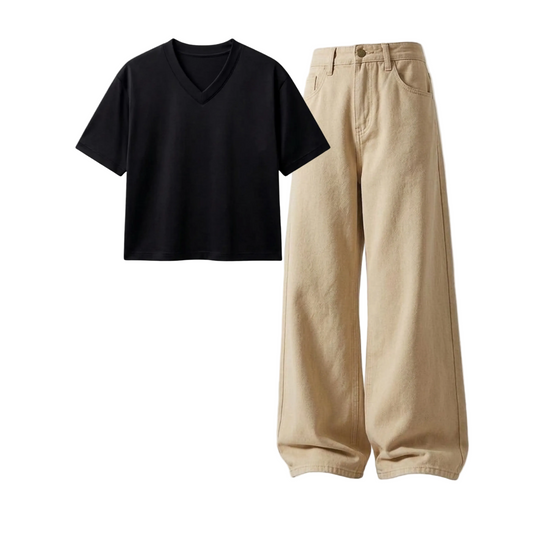 Beige Wide-Leg Baggy Jeans With Crop V-Neck T-Shirt